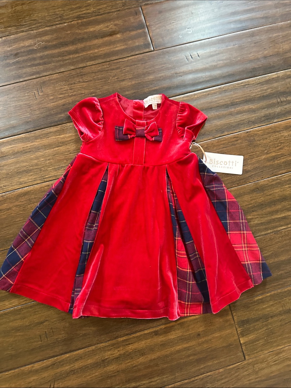 Biscotti Red Velvet Dress with Tartan Panels and Bow